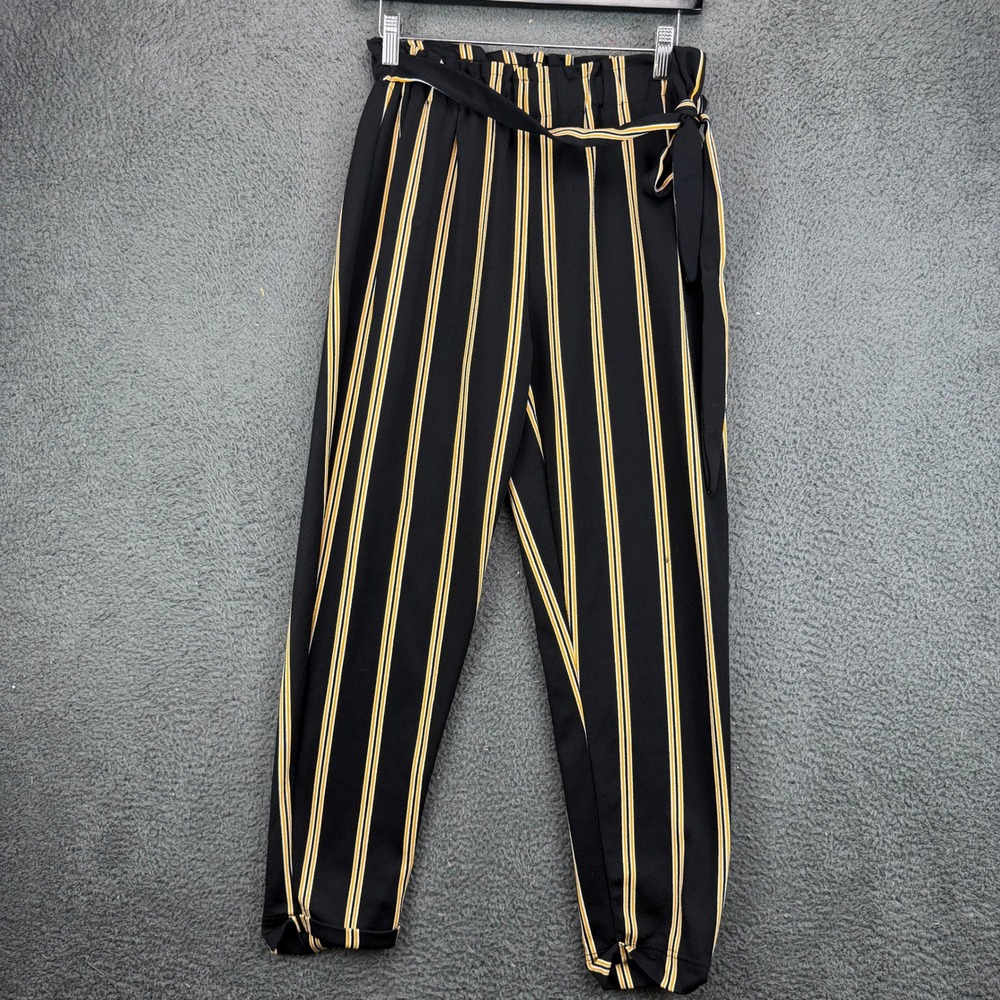 No Comment NY-LA Womens Medium Striped Paperbag Waist Tapered Pants Black Yellow